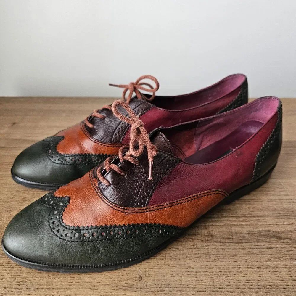VINTAGE NINE WEST WINGTIP OXFORD FLATS COLORBLOCK GENUINE LEATHER SZ 10 WOMENS - Picture 2 of 14